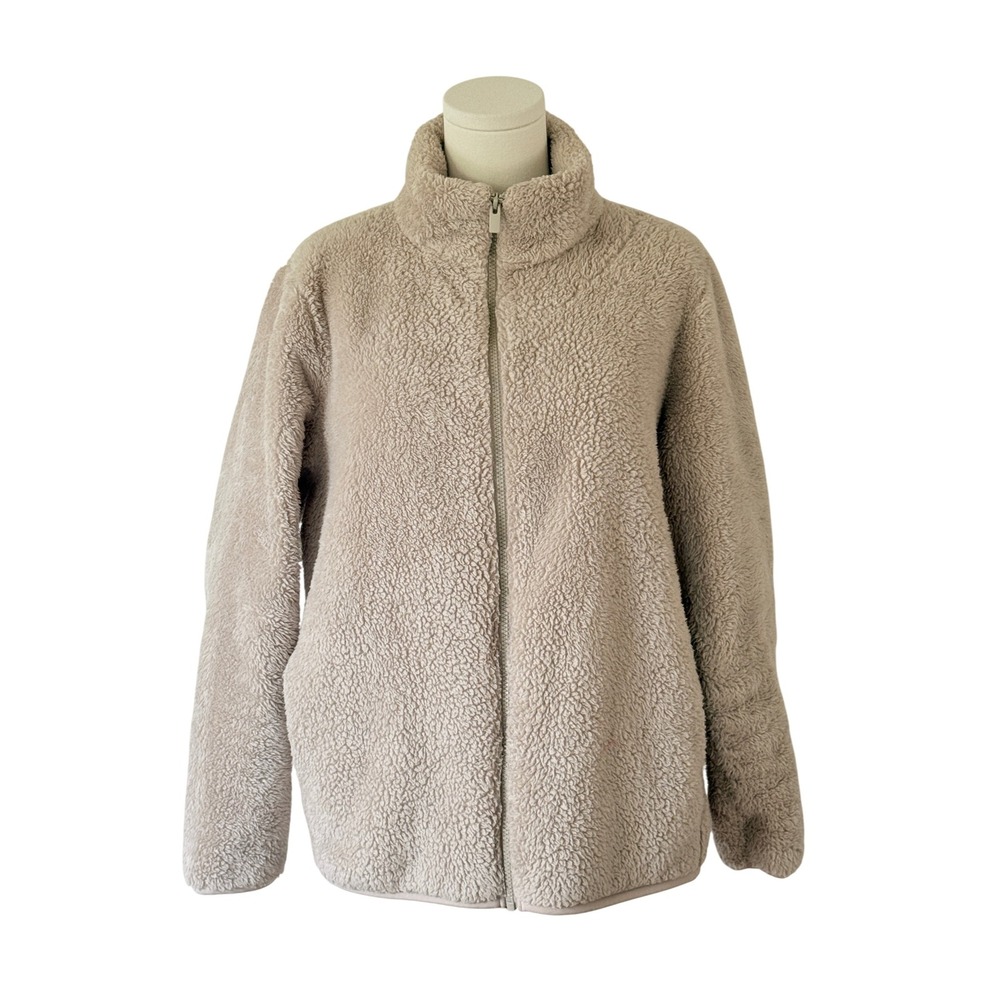 Uniqlo Fleece Jacket Full Zip High Neck Beige Warm Cozy Teddy Bear Coat